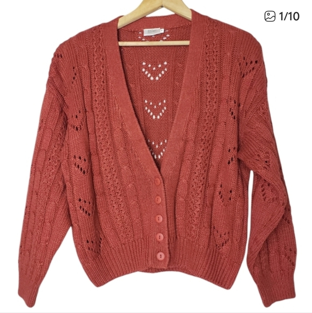 Vintage Rust Red Cable Knit Cardigan Sweater